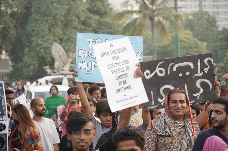 Members of the trans community and allies gathered outside Frere Hall, Karachi, for the ‘Sindh Moorat March’.