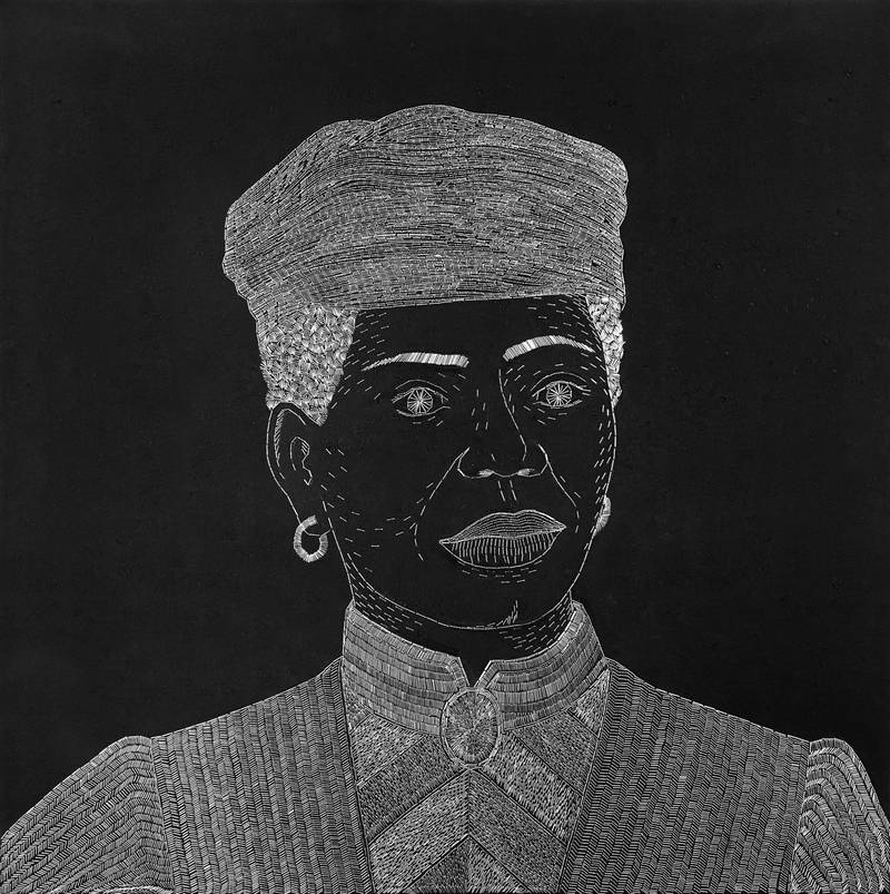 Sasha Huber, *The Firsts - Mazahr Makatemele (1846-1903)*, metal staples on black painted acoustic board, 100 cm x 100 cm, 2023