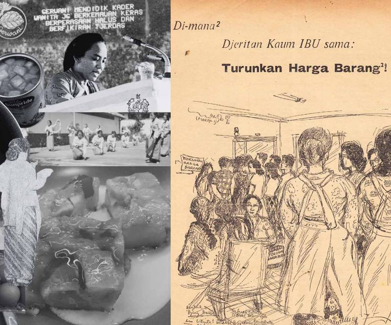 R to L: Collage from Rizqan Adhima’s essay in *Memasak Harapan* and illustration from *Api Kartini* issue from February 1960 – text in the image “Everywhere, You Hear The Same Roar From MOTHERS: “Lower The Price of Commodities!”